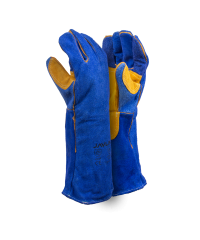 Premium Blue Leather Lined Welding Gloves With Yellow Palm Reinforcing - 20cm Cuff