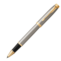 Parker Im Brushed Metal Gold Trim Rollerball Pen - Fine Nib - Black Ink